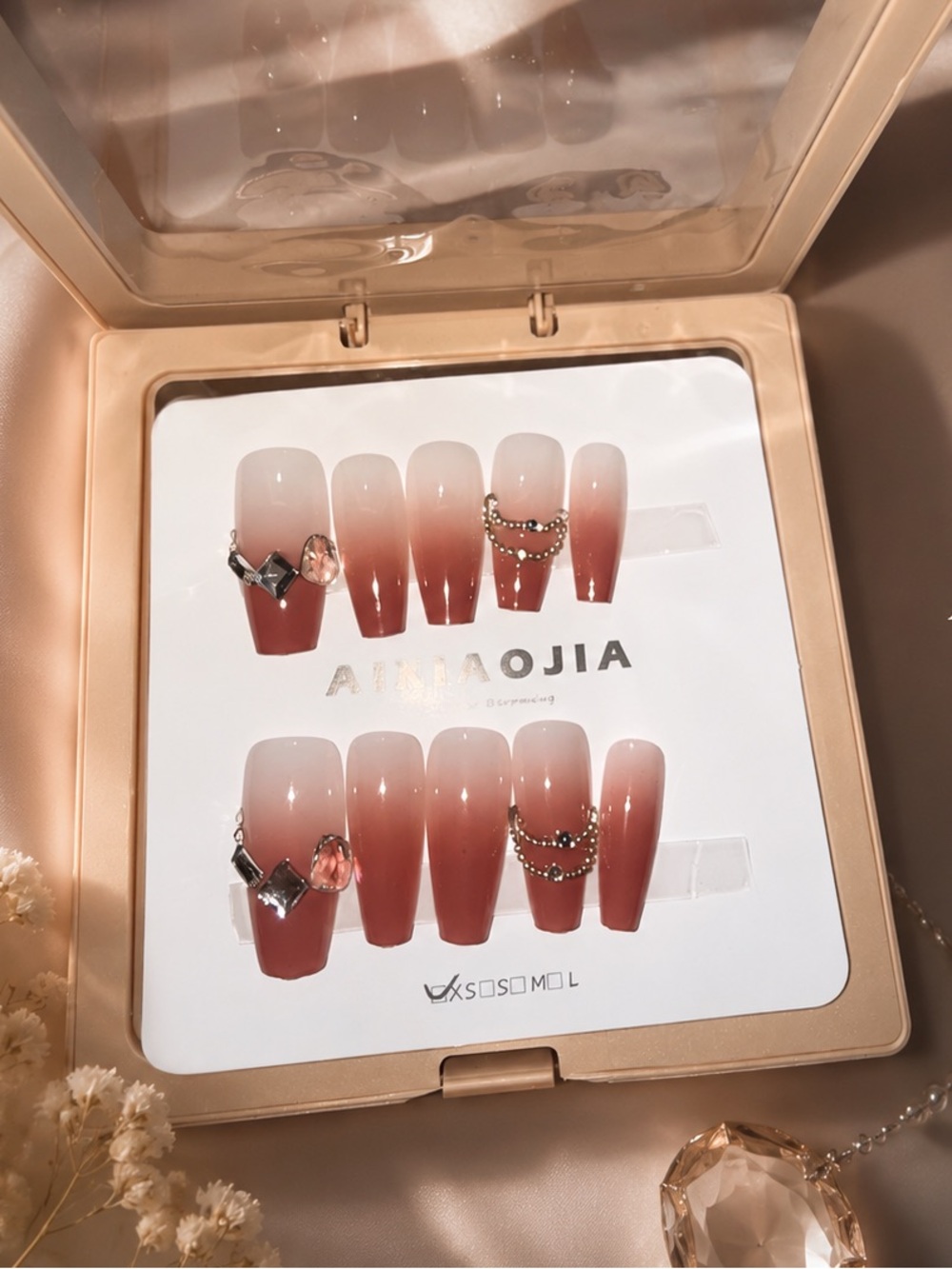 Ombre Press-On Nails in Dusty Rose with Gem Accents - 10pcs - Size XS